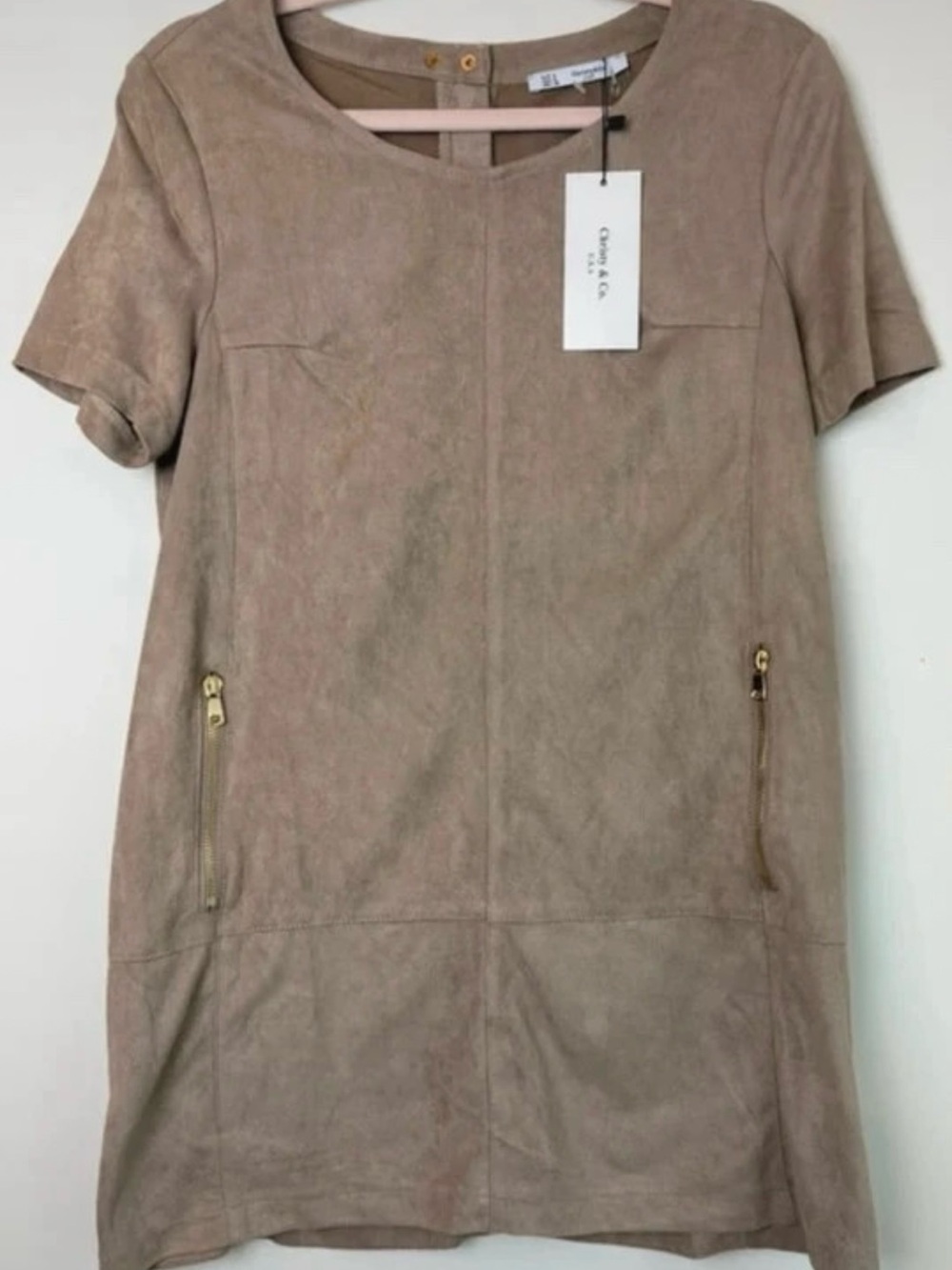 Christy Taupe Short-Sleeve Suede-Look Shift Dress